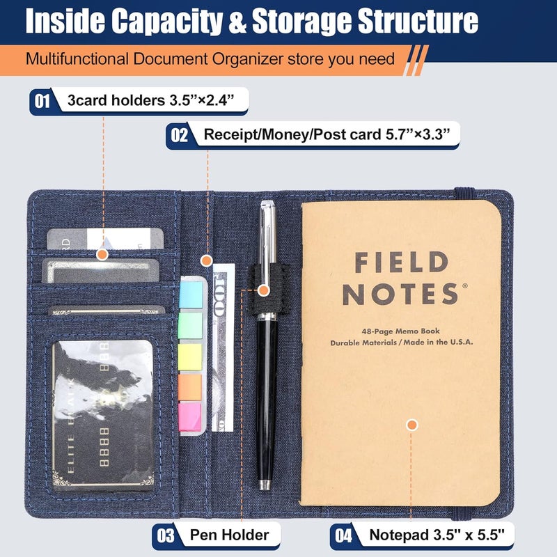 Plinyvel Notebook Cover for Field Notes 3.5"x5.5" - Waterproof Organizer with Pen Loop Holder and Card Slots, Travel Journal Accessories, Fits 3.5x5.5 Inch Pocket Notebooks (Blue) - Image 4